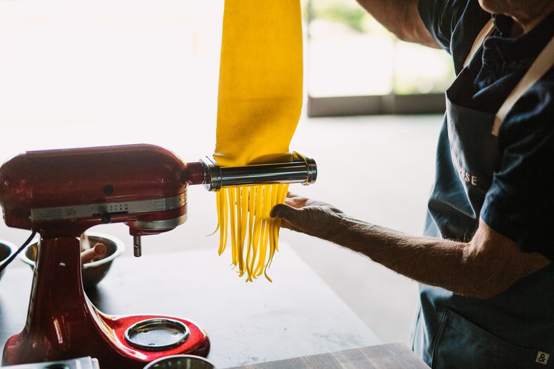 Fresh pasta coming off the roller